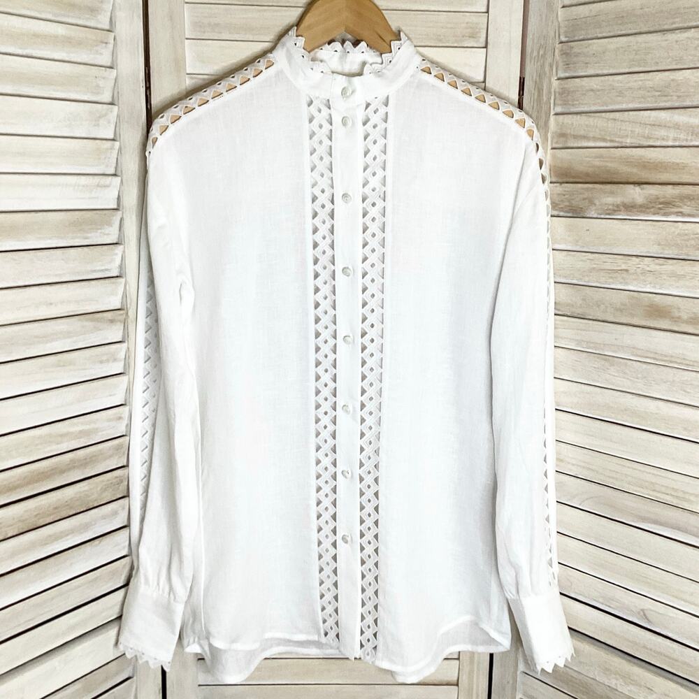 Socapri 100% White Linen Cutwork Cotton Lace Blouse 38 M